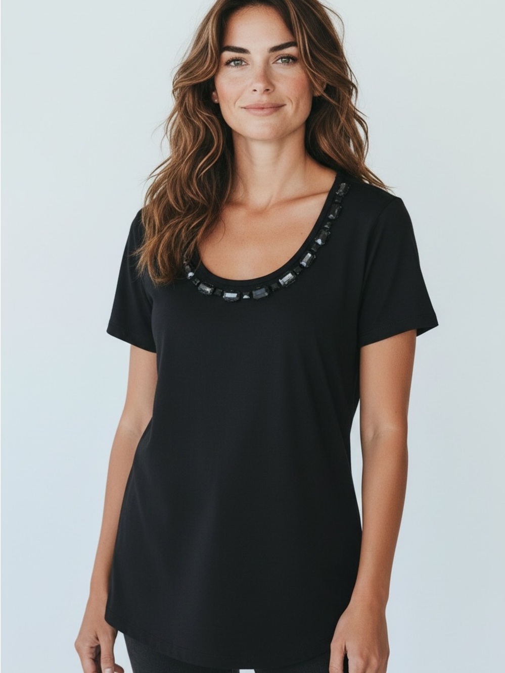 Garnet Hill Black Short-Sleeve Top with Beaded Scoop Neck